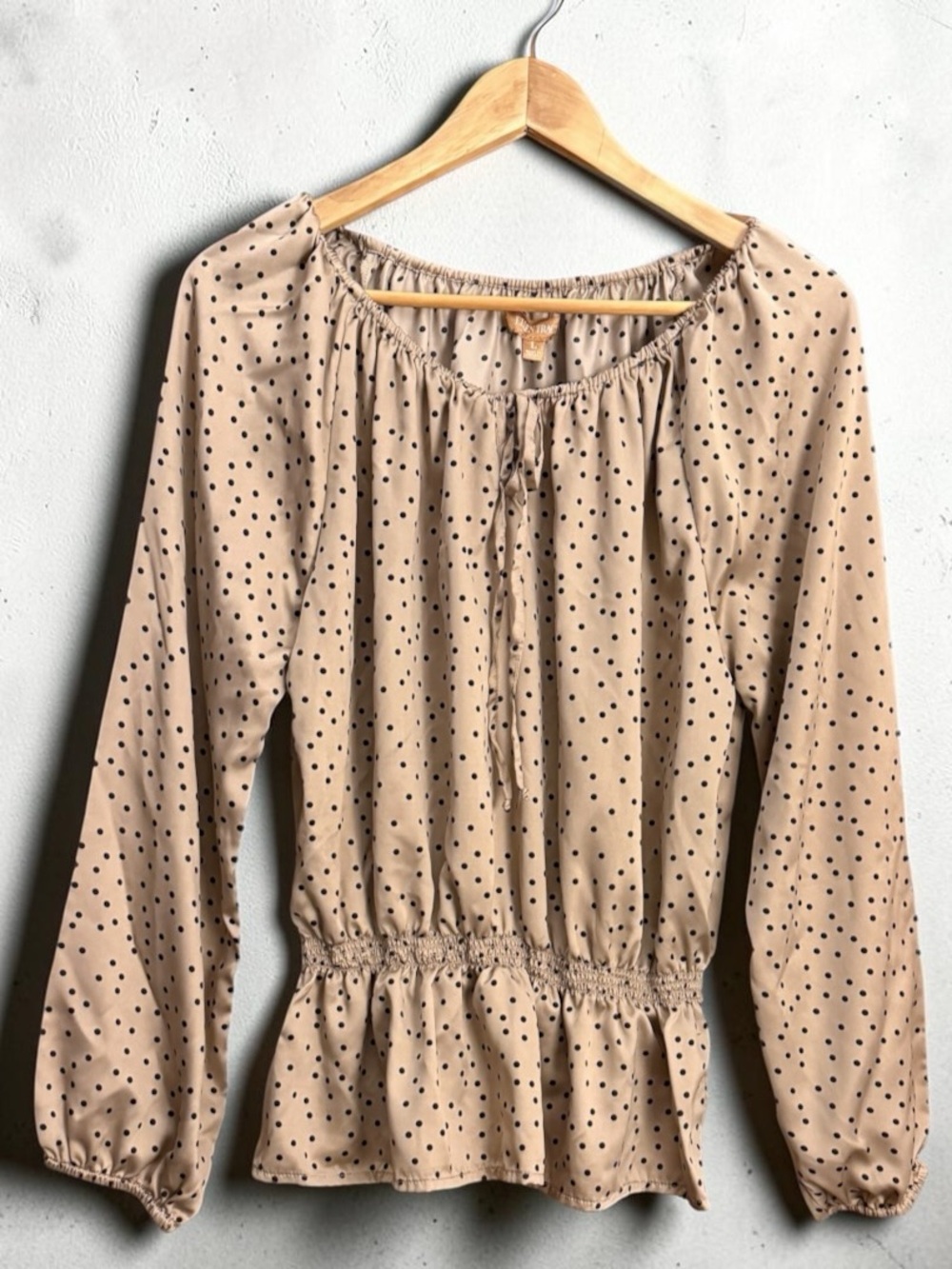 Ellen Tracy Beige Long-Sleeve Polka Dot Peplum Top